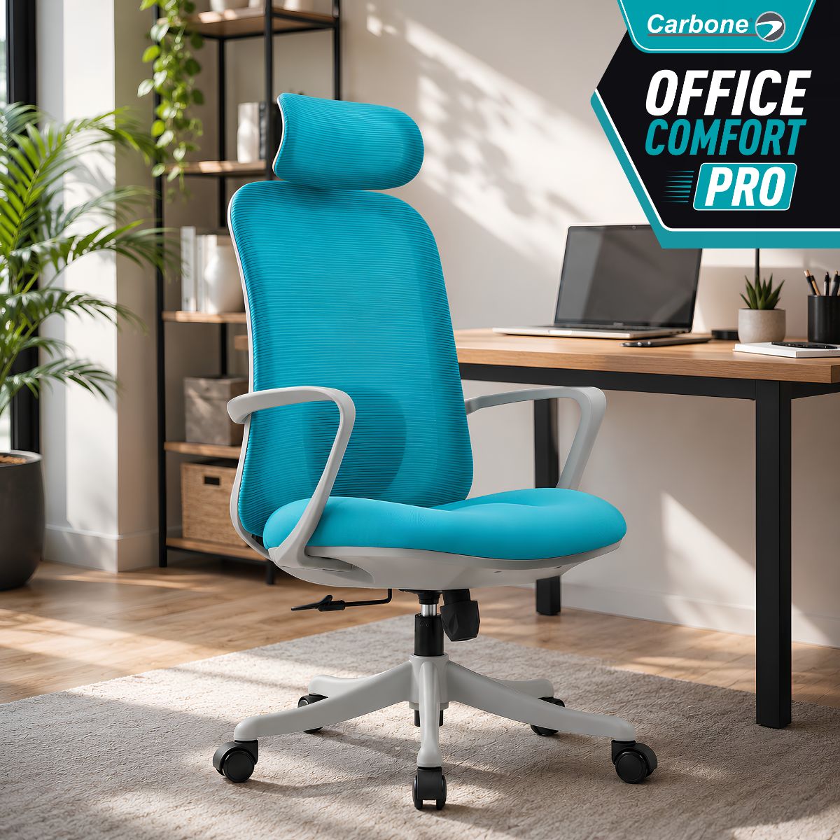 Silla De Oficina Ergonómica Ejecutiva con Reposacabezas Ajustable. Respaldo Reclinable 90°-125°. Soporte Lumbar Regulable. Color turquesa.