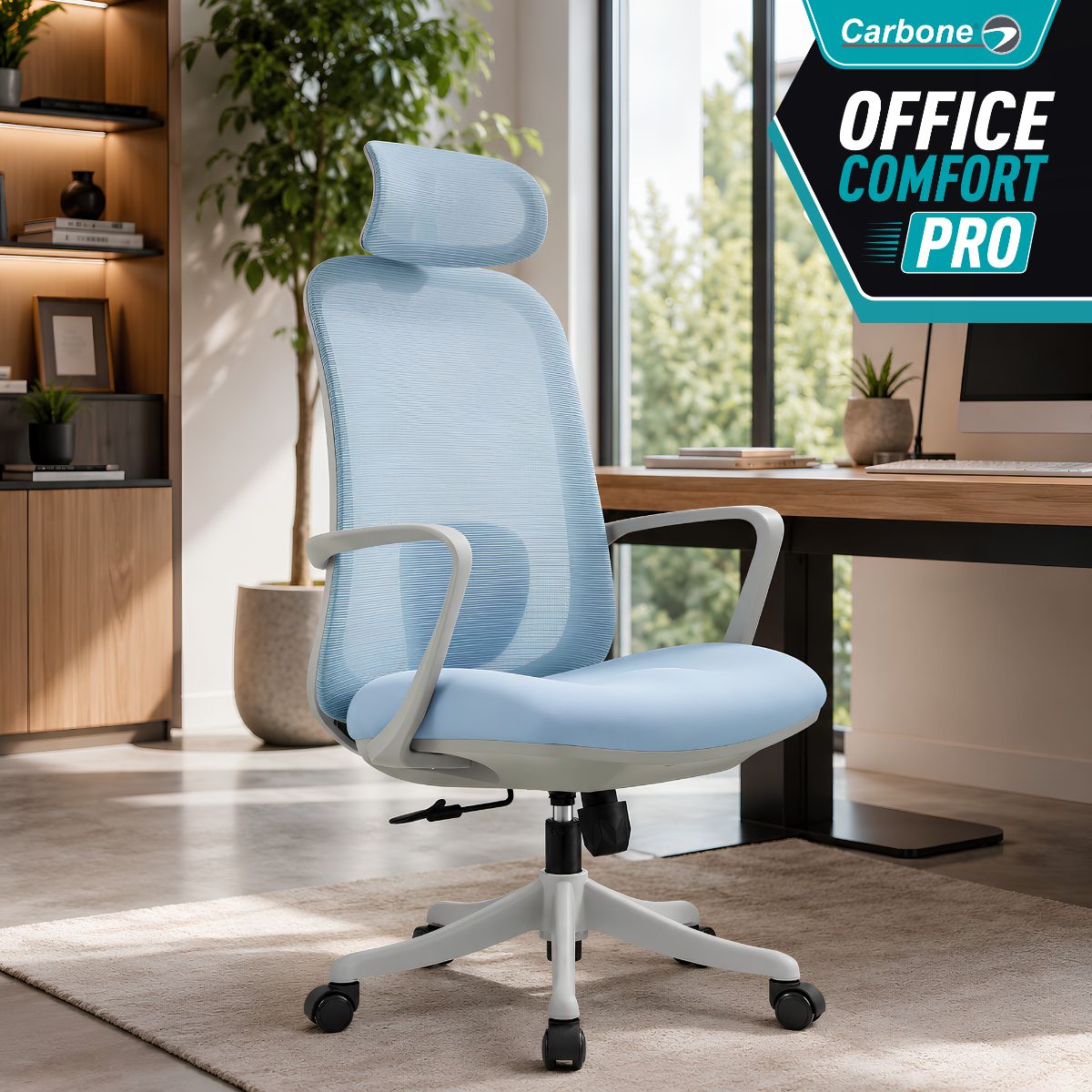 Silla De Oficina Ergonómica Ejecutiva con Reposacabezas Ajustable. Respaldo Reclinable 90°-125°. Soporte Lumbar Regulable. Color celeste.