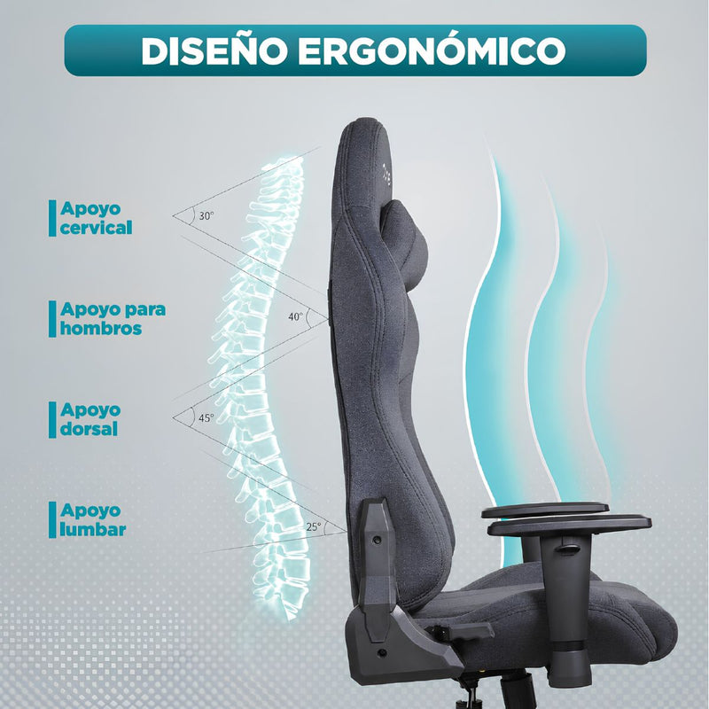Silla Gamer Ergonómica Reclinable con Soporte Lumbar y Cervical. Capacidad 120Kg. Silla de Oficina y Gaming. Color Gris Oscuro.
