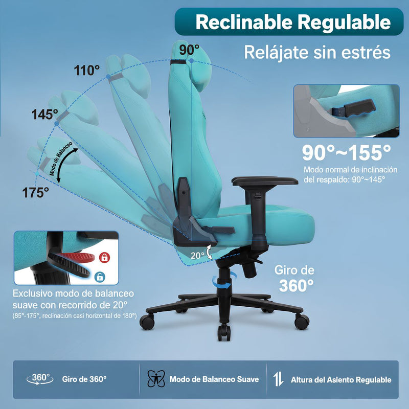 Silla Gamer Ergonómica para Oficina y Gaming. Soporta hasta 175 Kg. Color Turquesa.