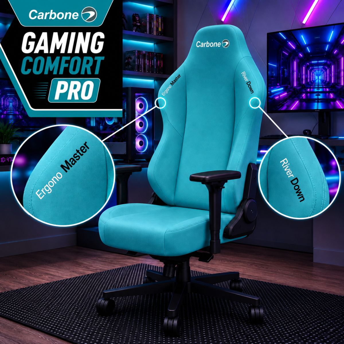 Silla Gamer Ergonómica para Oficina y Gaming. Soporta hasta 175 Kg. Color Turquesa.
