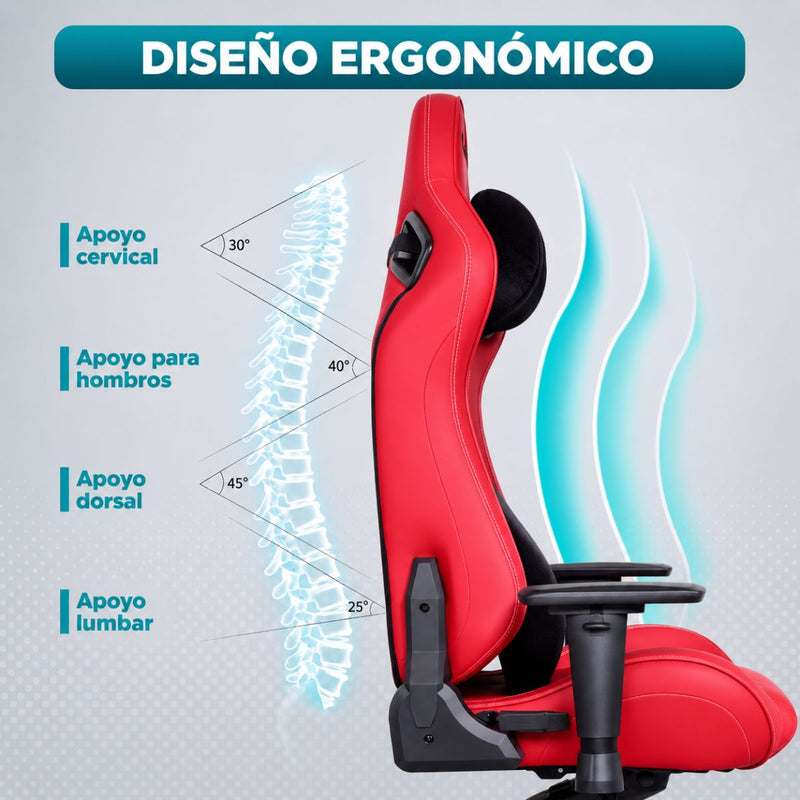 Silla Gamer Ergonómica Reclinable con Soporte Lumbar y Cervical. Capacidad 150Kg. Silla de Oficina y Gaming. Color rojo y negro.