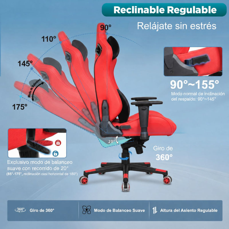 Silla Gamer Ergonómica Reclinable con Soporte Lumbar y Cervical. Capacidad 150Kg. Silla de Oficina y Gaming. Color rojo y negro.