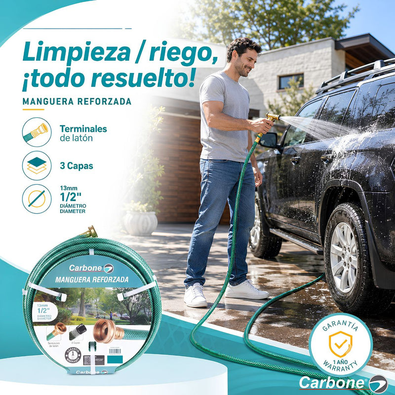 Manguera de Agua Para Jardín Reforzada ½" con 3 Capas y Conectores de Latón, PVC + Cobre, Resistente a Presión, Antitorsión