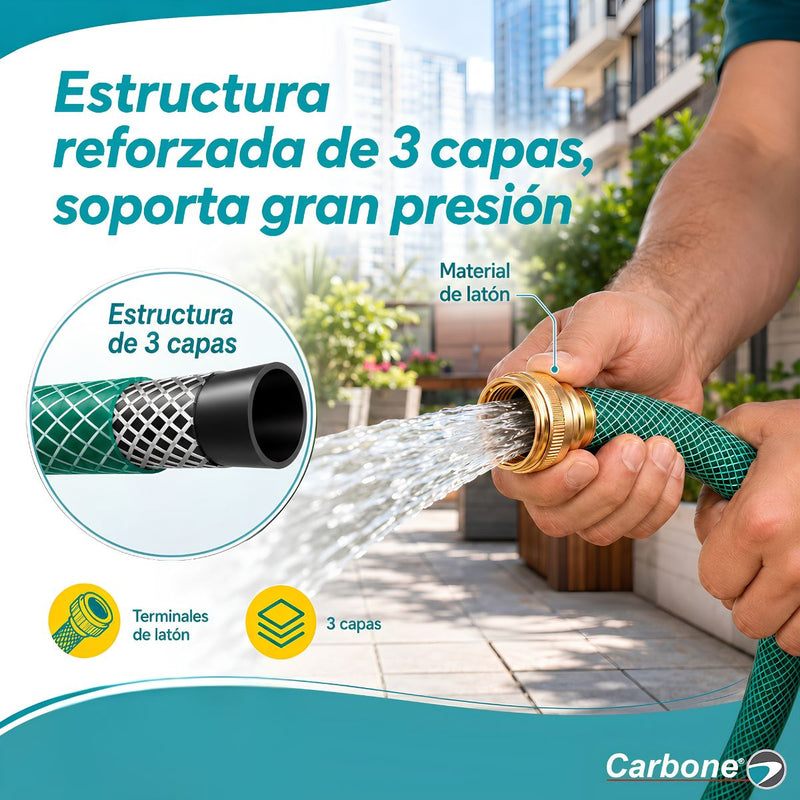 Manguera de Agua Para Jardín Reforzada ½" con 3 Capas y Conectores de Latón, PVC + Cobre, Resistente a Presión, Antitorsión