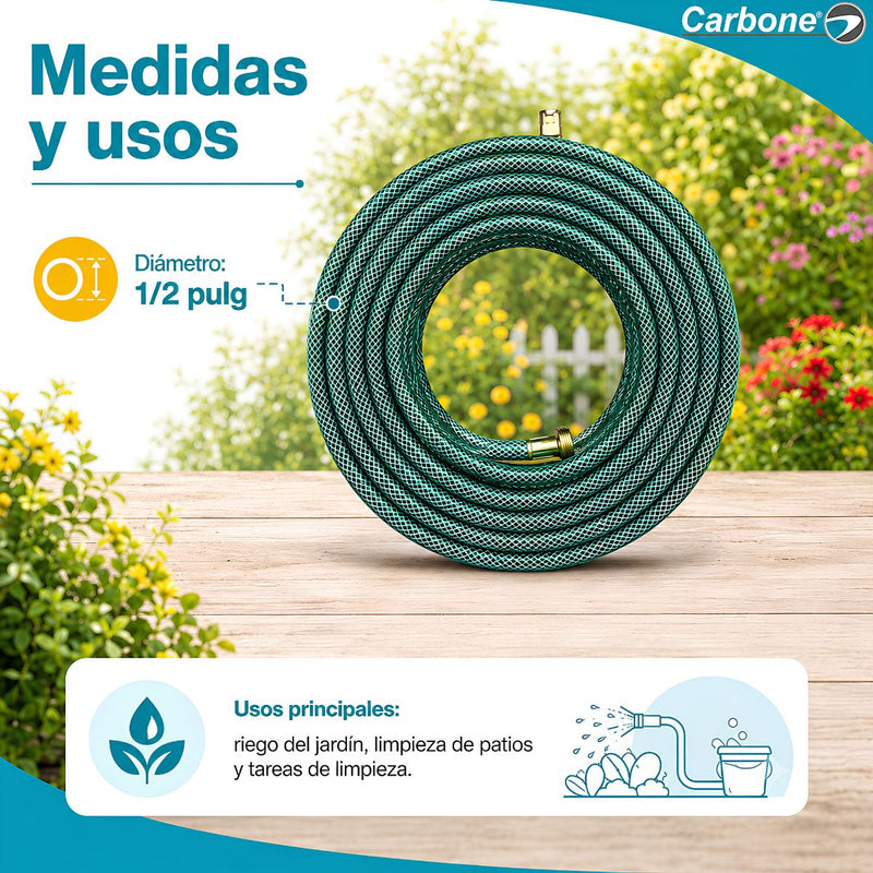 Manguera de Agua Para Jardín Reforzada ½" con 3 Capas y Conectores de Latón, PVC + Cobre, Resistente a Presión, Antitorsión