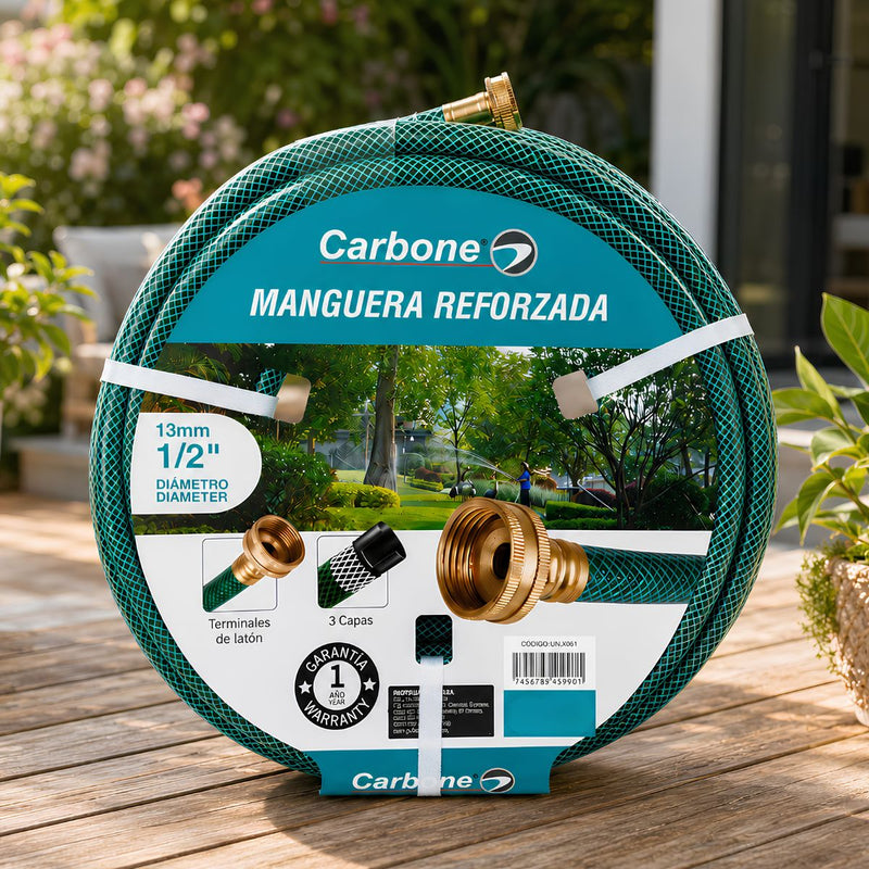 Manguera de Agua Para Jardín Reforzada ½" con 3 Capas y Conectores de Latón, PVC + Cobre, Resistente a Presión, Antitorsión