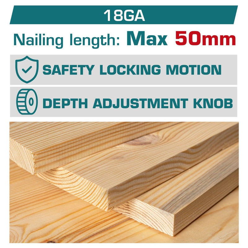 Clavadora de madera Inalámbrica 20V tipo F15~F50 Clavos Brad de 50mm. Capacidad de 105 pzs. Incluye 2 baterías y cargador.