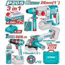Combo del mes Total inalámbrico. Drill taladro de impacto 66 Nm 30000 bpm, amoladora angular 1200W 4, martillo rotativo 2.5 J SDS plus. Incluye cargador y baterías. POCAS UNIDADES.