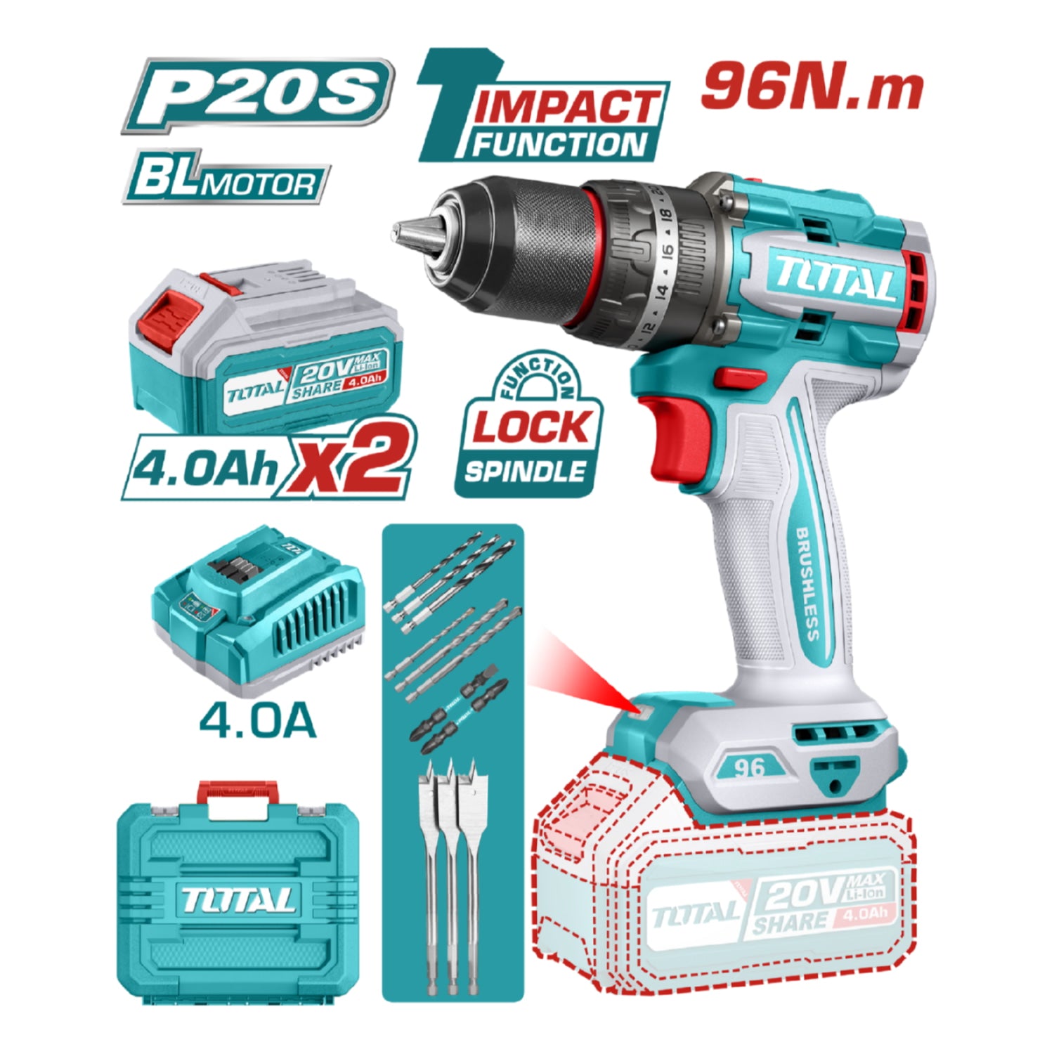 Drill Taladro Inalámbrico 96N.m 20V Función De Impacto. Motor sin escobillas. Incluye Batería, Cargador y accesorios.