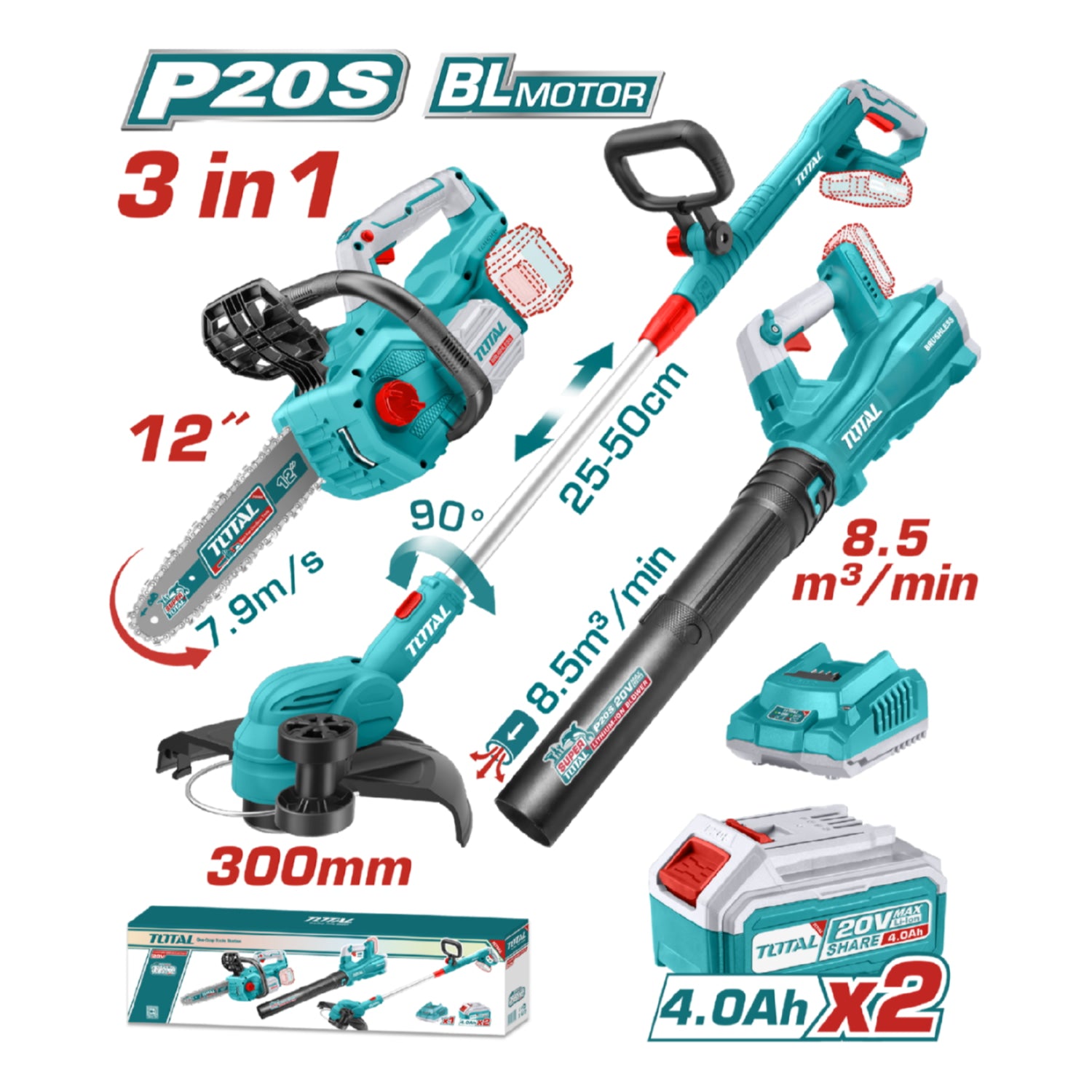 Combo del mes Total inalámbrico. Motosierra 12" (30 cm), desmalezadora recortadora de césped 8200rpm 300mm, sopladora 144 km/h. Incluye cargador y baterías. POCAS UNIDADES.