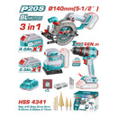 Combo del mes Total inalámbrico. Sierra circular 20V 140mm (5-1/2''), drill taladro de impacto 66 Nm 30000 bpm, lijadora de hoja 110mm x 100mm 12000 rpm. Incluye cargador y baterías. POCAS UNIDADES.