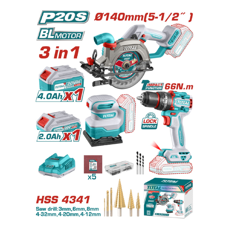 Combo del mes Total inalámbrico. Sierra circular 20V 140mm (5-1/2''), drill taladro de impacto 66 Nm 30000 bpm, lijadora de hoja 110mm x 100mm 12000 rpm. Incluye cargador y baterías. POCAS UNIDADES.