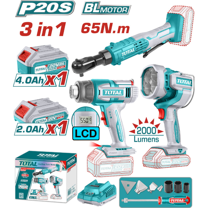 Combo del mes Total Inalámbrico. Rachet 3/8" 65Nm, pistola de calor 30-550°C y lampara de trabajo 22.5W 2000 lúmenes. Incluye cargador y baterías. POCAS UNIDADES.