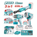 Combo del mes Total Inalámbrico. Rachet 3/8" 65Nm, pistola de calor 30-550°C y lampara de trabajo 22.5W 2000 lúmenes. Incluye cargador y baterías. POCAS UNIDADES.