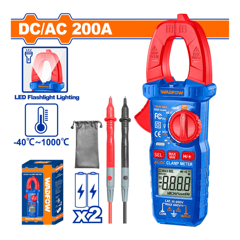 Medidor de abrazadera. Pinza amperimétrica AC 200A 6000 Dígitos. Baterías 2 AAA. Medidor de Voltaje.