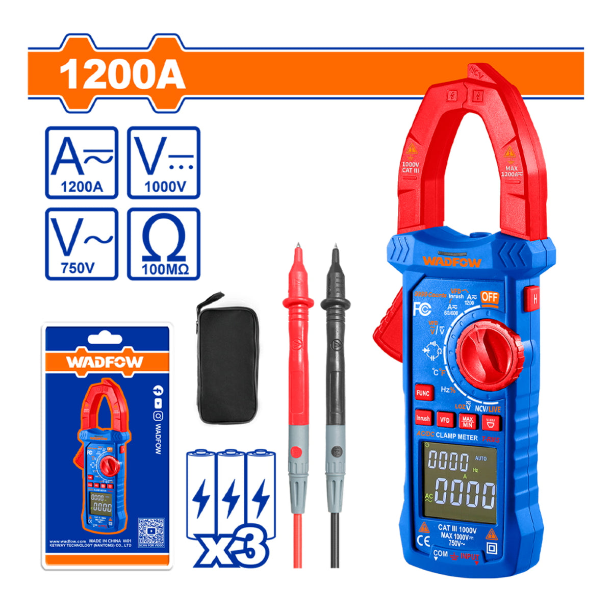 Medidor de abrazadera. Pinza amperimétrica AC 1200A 9999 Dígitos. Baterías 3 AAA. Medidor de Voltaje.