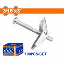 Anclaje tipo Mariposa con tornillo 3/16"x3" Acero al carbono Galvanizado 100 pzas