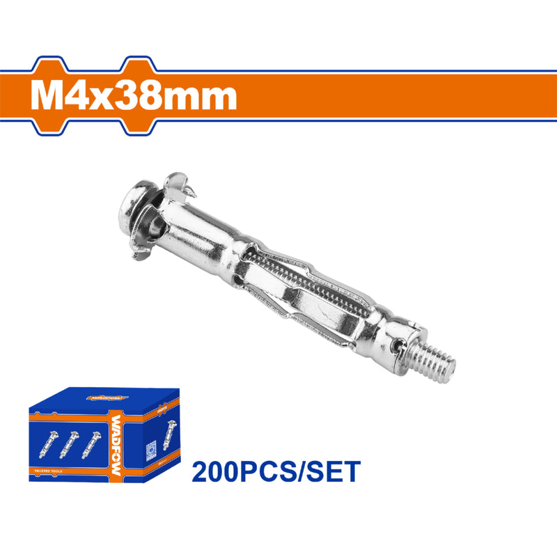 Taco pared hueca 4x38mm con tornillo 8x45mm. Galvanizado 200 pzas