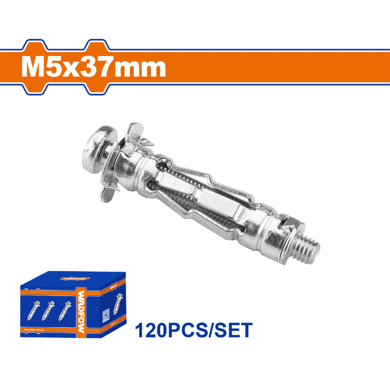 Taco pared hueca 5x37mm con tornillo 10x45mm. Galvanizado 120 pzas