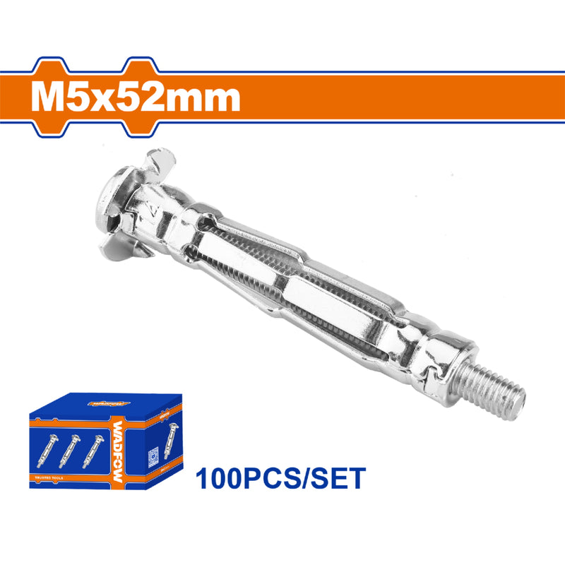Taco pared hueca 5x52mm con tornillo 10x60mm. Galvanizado 100 pzas
