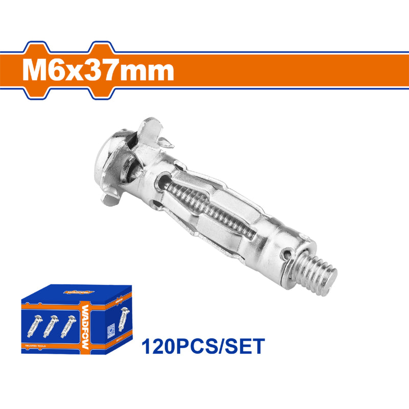 Taco pared hueca 6x37mm con tornillo 11.5x45mm. Galvanizado 120 pzas