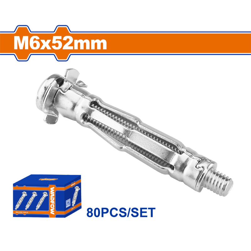 Taco pared hueca 6x52mm con tornillo 11.5x60mm. Galvanizado 80 pzas