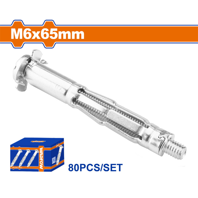 Taco pared hueca 6x65mm con tornillo 11.5x72mm. Galvanizado 80 pzas