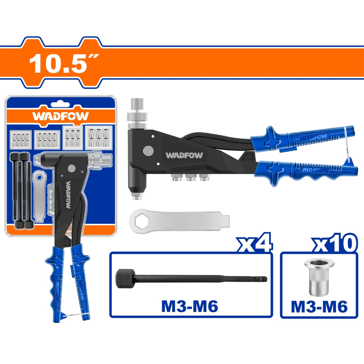 Remachadora de tuercas de 10.5" con Llave, mandriles y tuercas. Se vende en Kit.