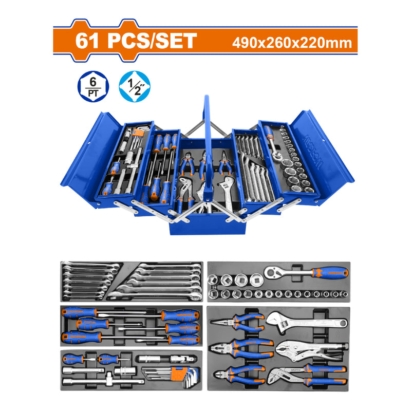 Caja de Herramientas Metálica 61 Piezas. Juego Profesional con Dados 1/2", Llaves Combinadas, Alicates y Destornilladores.