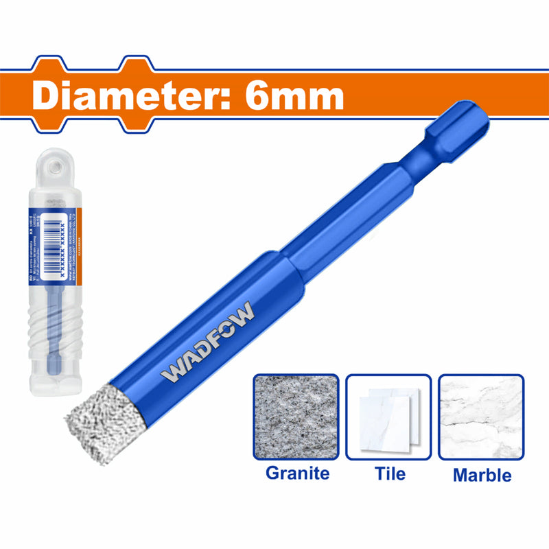 Broca diamantada Hexagonal 1/4" (6mm) Vástago 1/4" Ideal para azulejo, cerámica, granito, marmol y piedra.