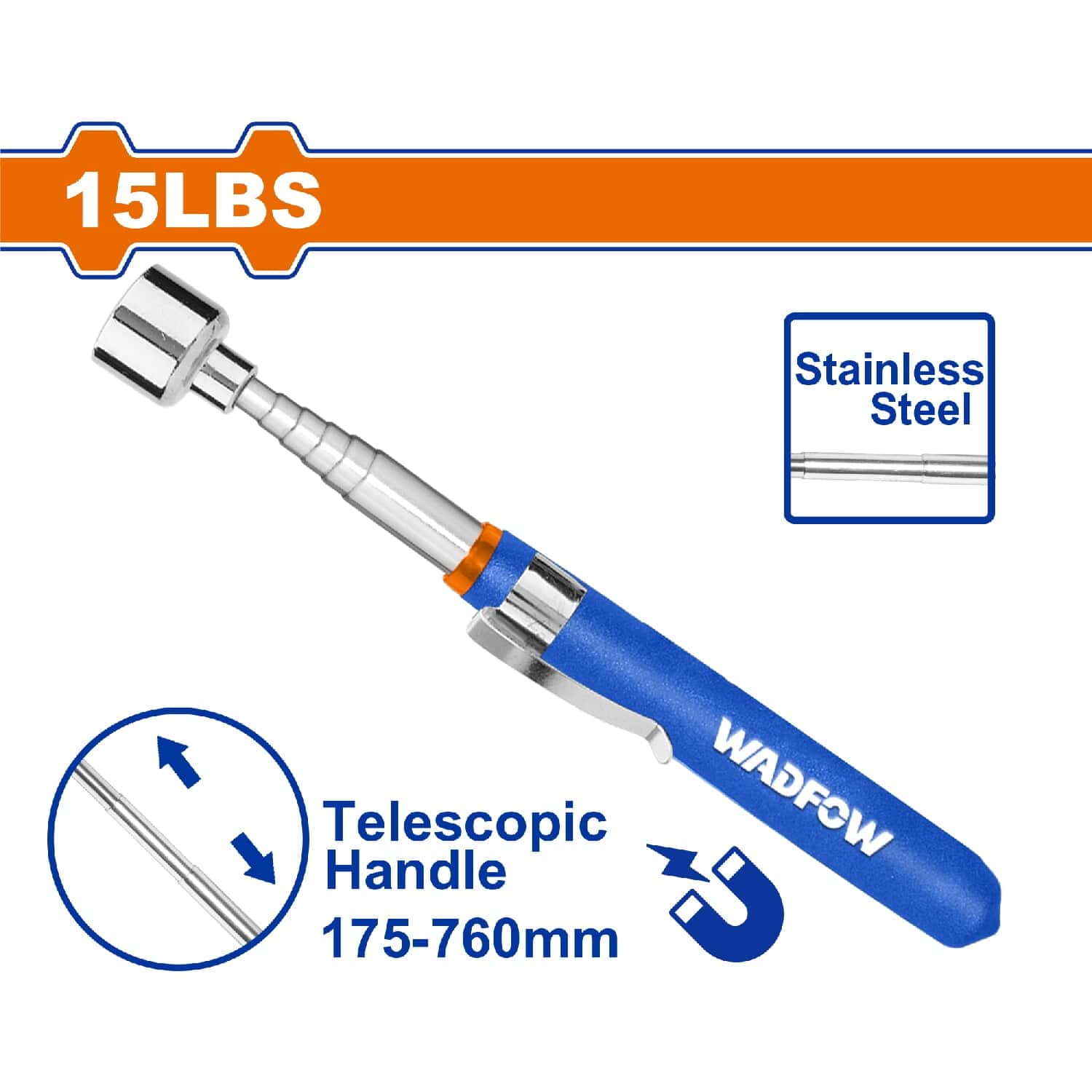 Levantador Magnético Telescópico 15 Lbs. Long: 175-760Mm. Acero Inoxidable.