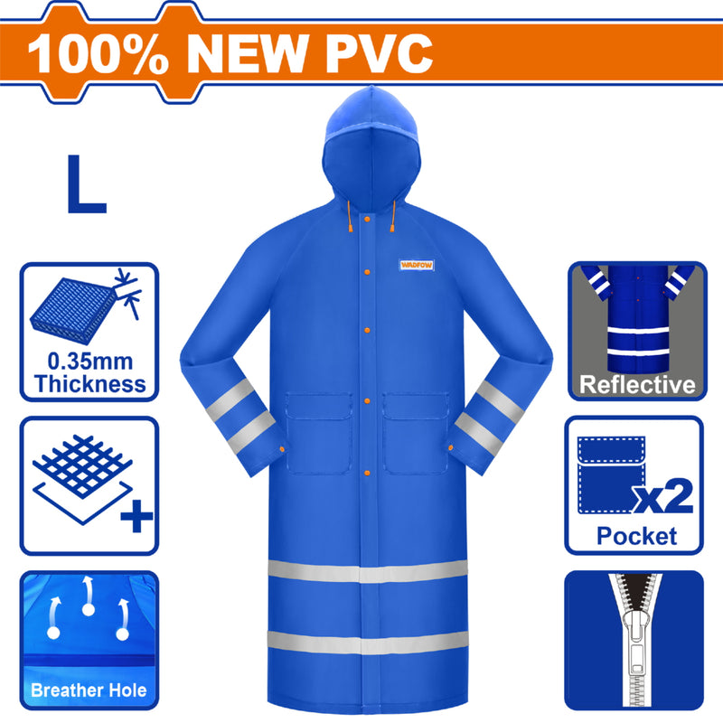 Capote impermeable para lluvia. Estilo Gabardina Talla L. 100% PVC. Espesor:0.35mm Con líneas reflectivas.