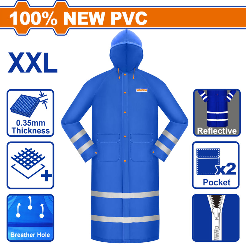 Capote impermeable para lluvia. Estilo Gabardina Talla XXL. 100% PVC. Espesor:0.35mm Con líneas reflectivas.