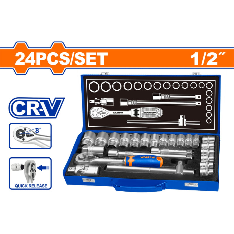 Socket 1/2". Set de 24 piezas. Cr-V. Incluye: Sockets,Barras de extensión, Barra T. Térmico.