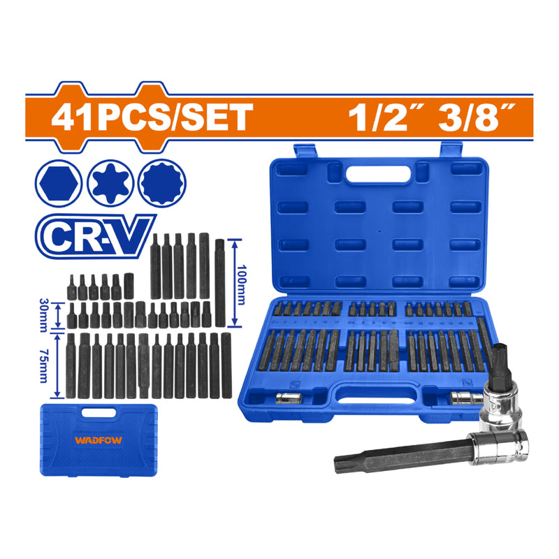 Juego de Dados y Puntas CR-V. Set de 41 Piezas. Kit con Puntas Torx, Allen y Ribe para Trinquete 3/8" y 1/2".