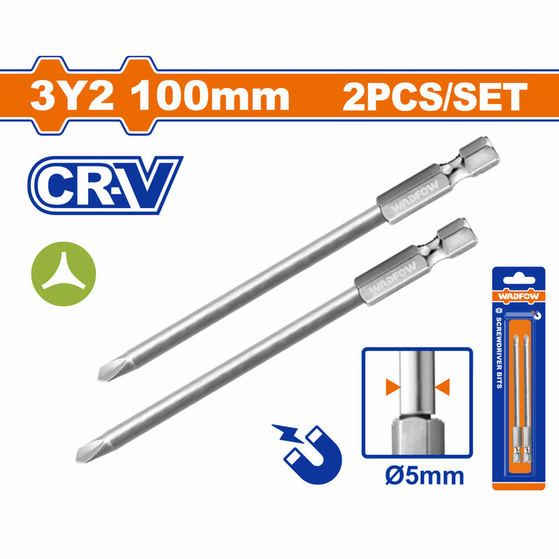 Puntas de Destornillador 3 alas 3Y2 100mm diámetro 5mm Cr-V Punta magnética. Set de 2 piezas.