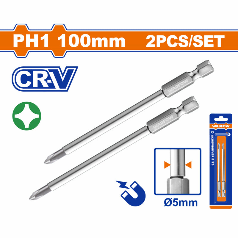 Puntas de destornillador Estrella PH1 100mm Cr-V Diámetro 5mm Punta magnética. Set de 2 piezas.