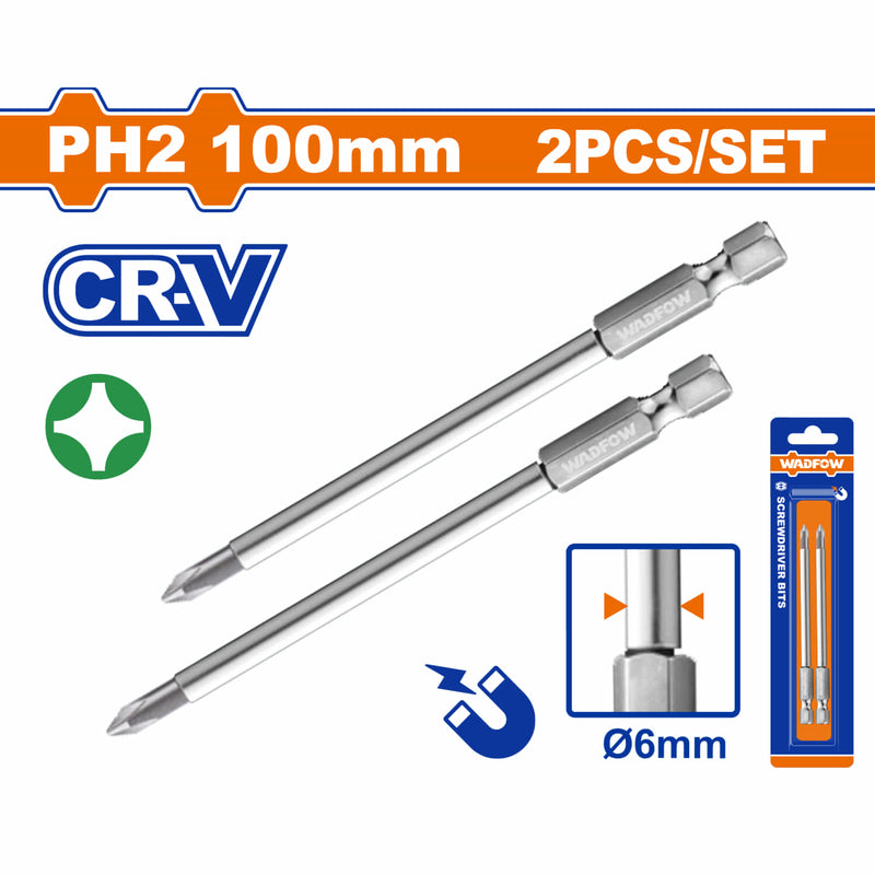 Puntas de destornillador Estrella PH2 100mm Cr-V Diámetro 6mm Punta magnética. Set de 2 piezas.