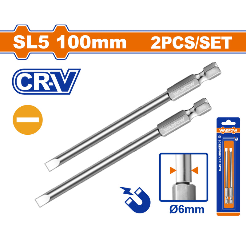Puntas de Destornillador Plano SL5 100mm díametro 6mm Cr-V Punta magnética. Set de 2 piezas.