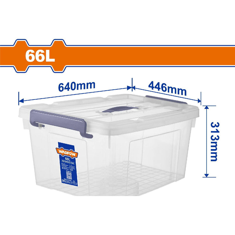 Caja Plastica De Almacenamiento Plástico 66L. 640X446x313mm Peso: 1831G. Tapa Con Asa. Hebilla De Plástico.