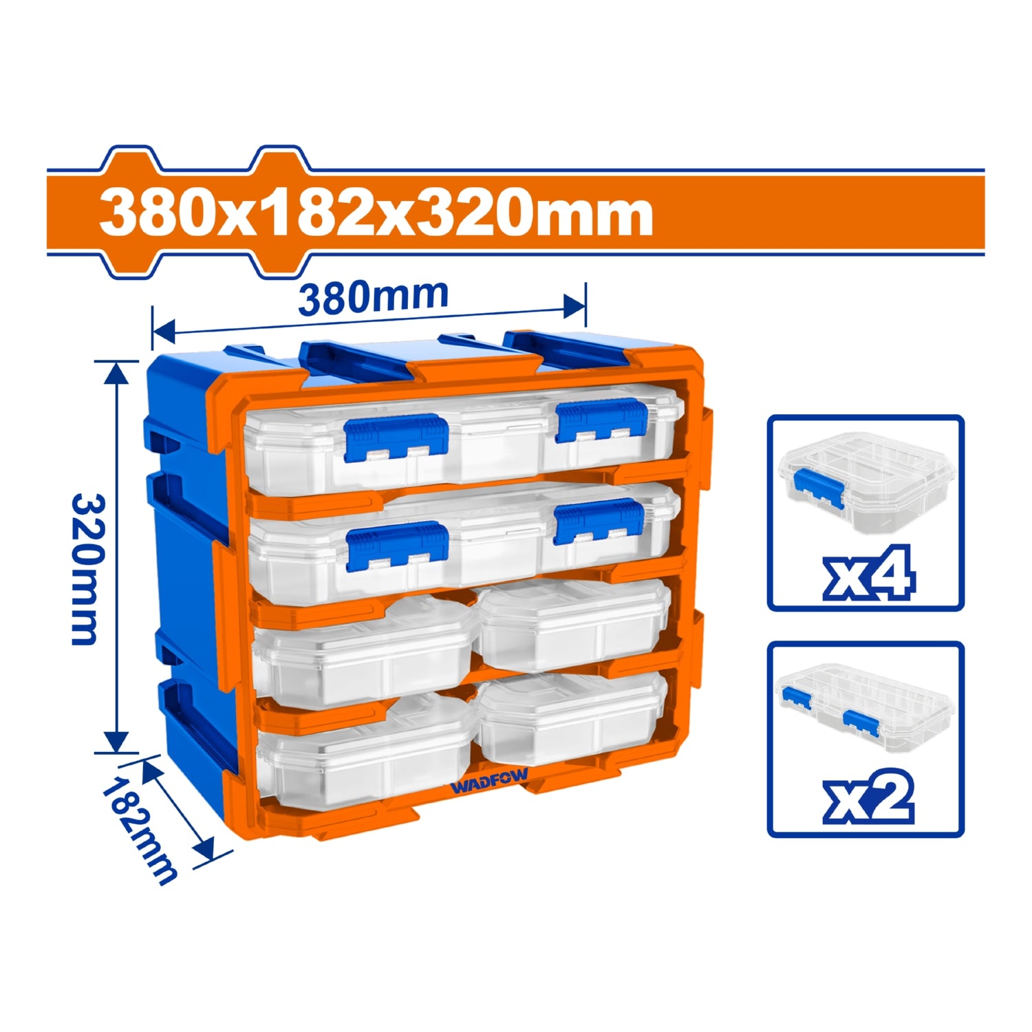 Organizador modular tipo torre. 380x182x320mm. Set de 6 piezas. Se une vertical u horizontal.