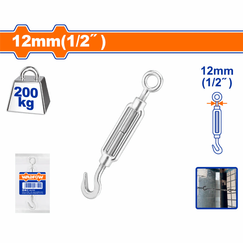 Tensor de cable de acero Zinc. Gancho-argolla 1/2" Límite de carga de trabajo: 200kg Acero al carbono galvanizado. Gancho y ojo de tensor.