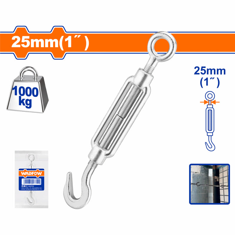 Tensor de cable de acero Zinc. Gancho-argolla 1" Límite de carga de trabajo: 1000kg Acero al carbono galvanizado. Gancho y ojo de tensor.