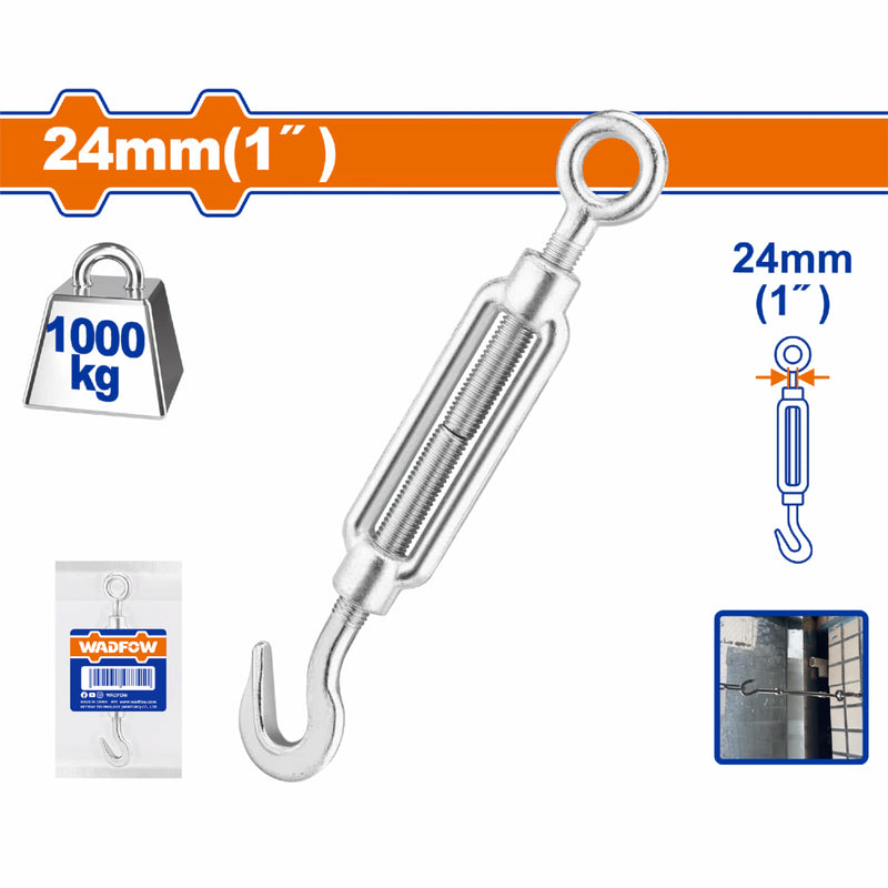 Tensor de cable de acero Zinc. Gancho-argolla 1" Límite de carga de trabajo: 1000kg Acero al carbono galvanizado. Gancho y ojo de tensor.