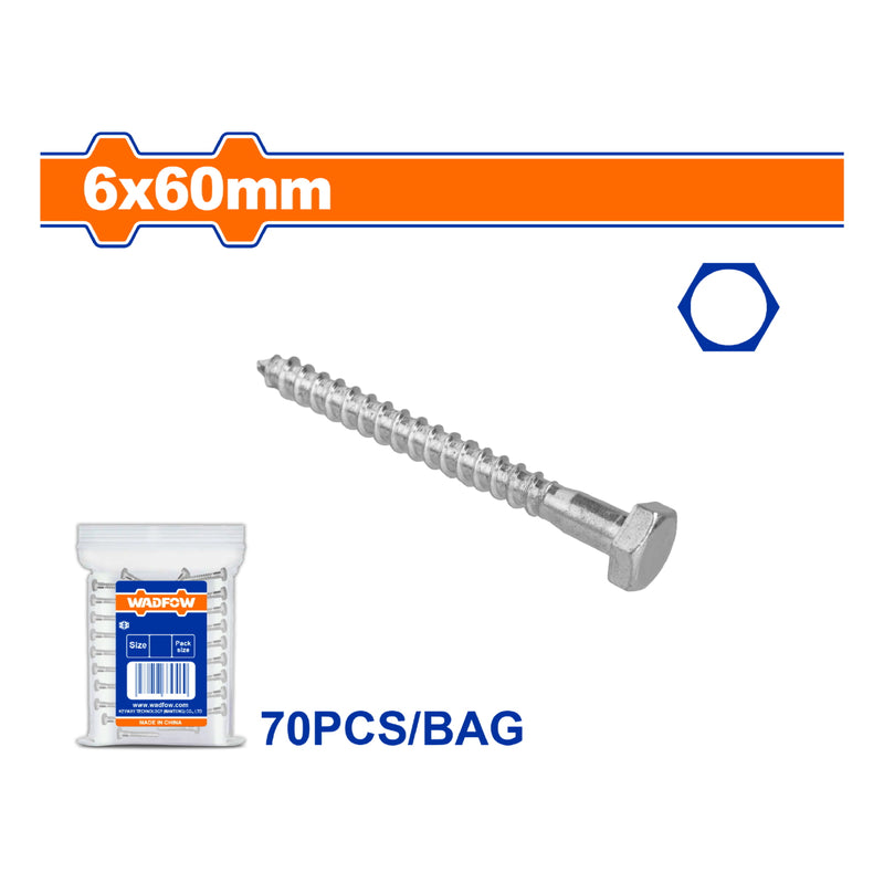 Tornillos Hexagonales 6x60mm de rosca parcial. Acabado Zinc. (70 pzas) para madera