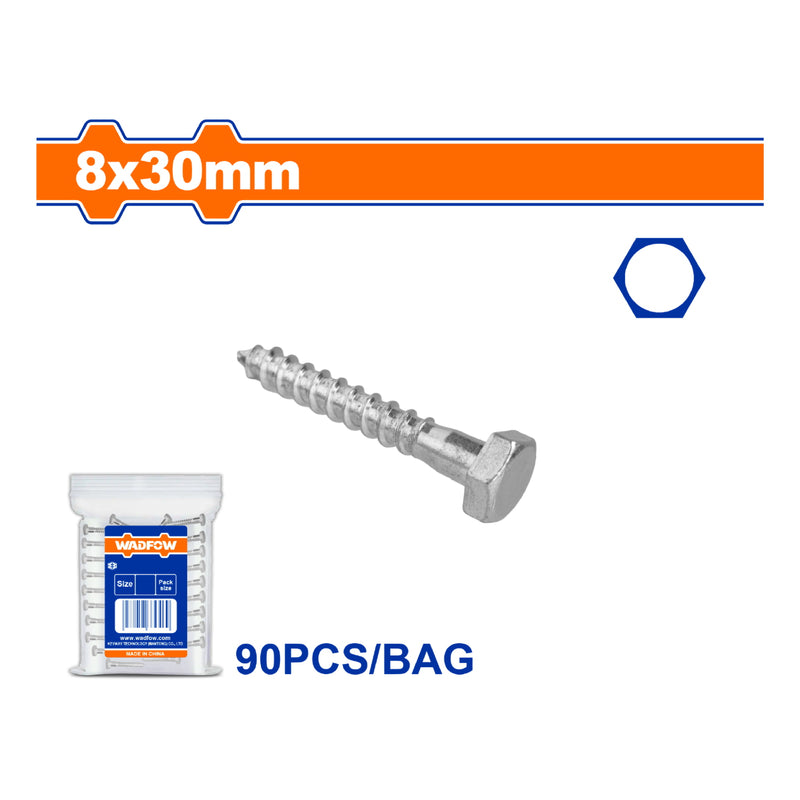 Tornillos Hexagonales 8x30mm de rosca parcial. Acabado Zinc. (90 pzas) para madera