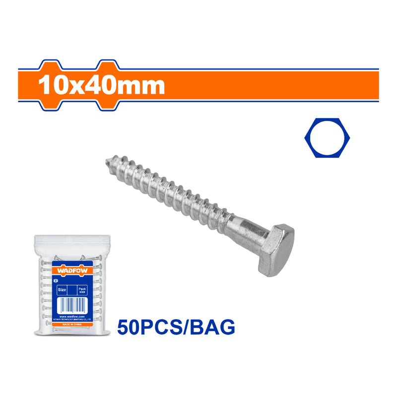 Tornillos Hexagonales 10x40mm de rosca parcial. Acabado Zinc. (50 pzas) para madera