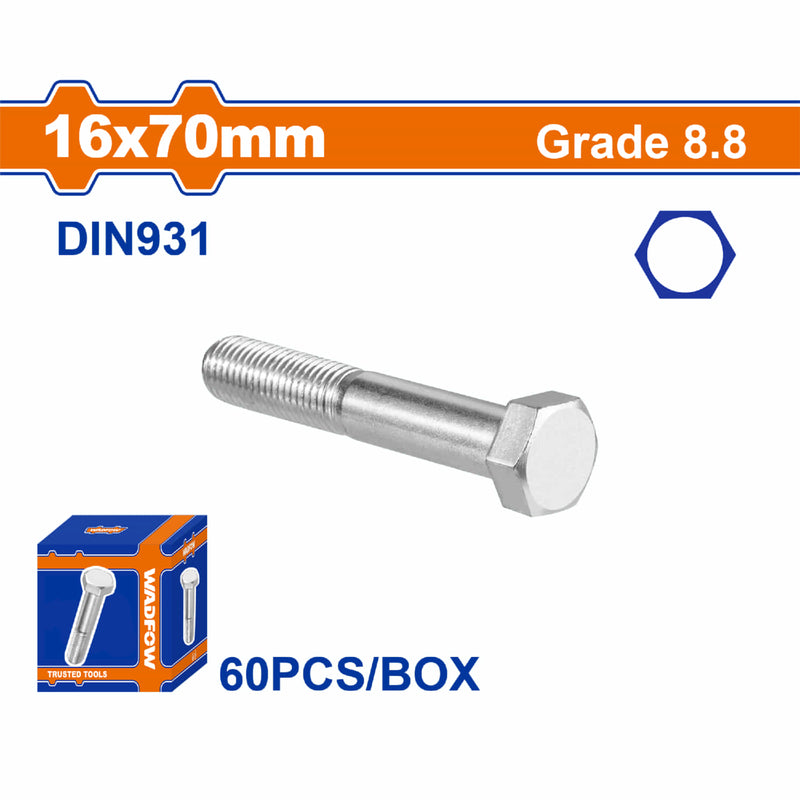 Tornillos Hexagonales 16x70mm Rosca completa. Grado 8.8 Galvanizado. Pernos Hexagonales 60 pzas.