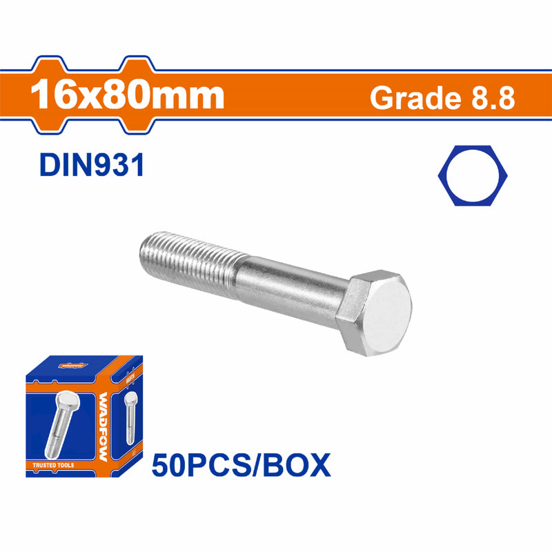 Tornillos Hexagonales 16x80mm Rosca completa. Grado 8.8 Galvanizado. Pernos Hexagonales 50 pzas.